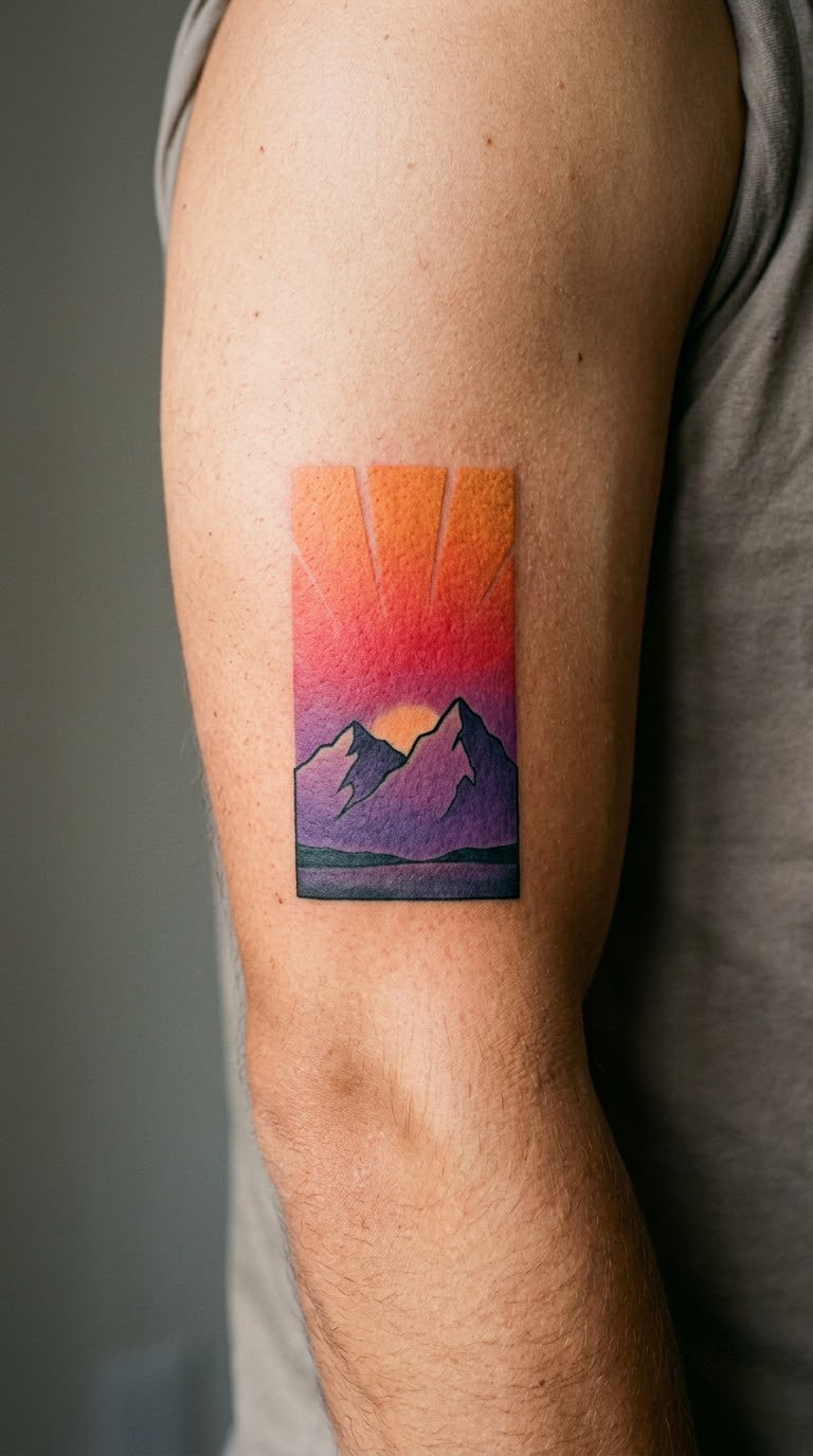 Retro Gradient Sun Setting Behind Mountains