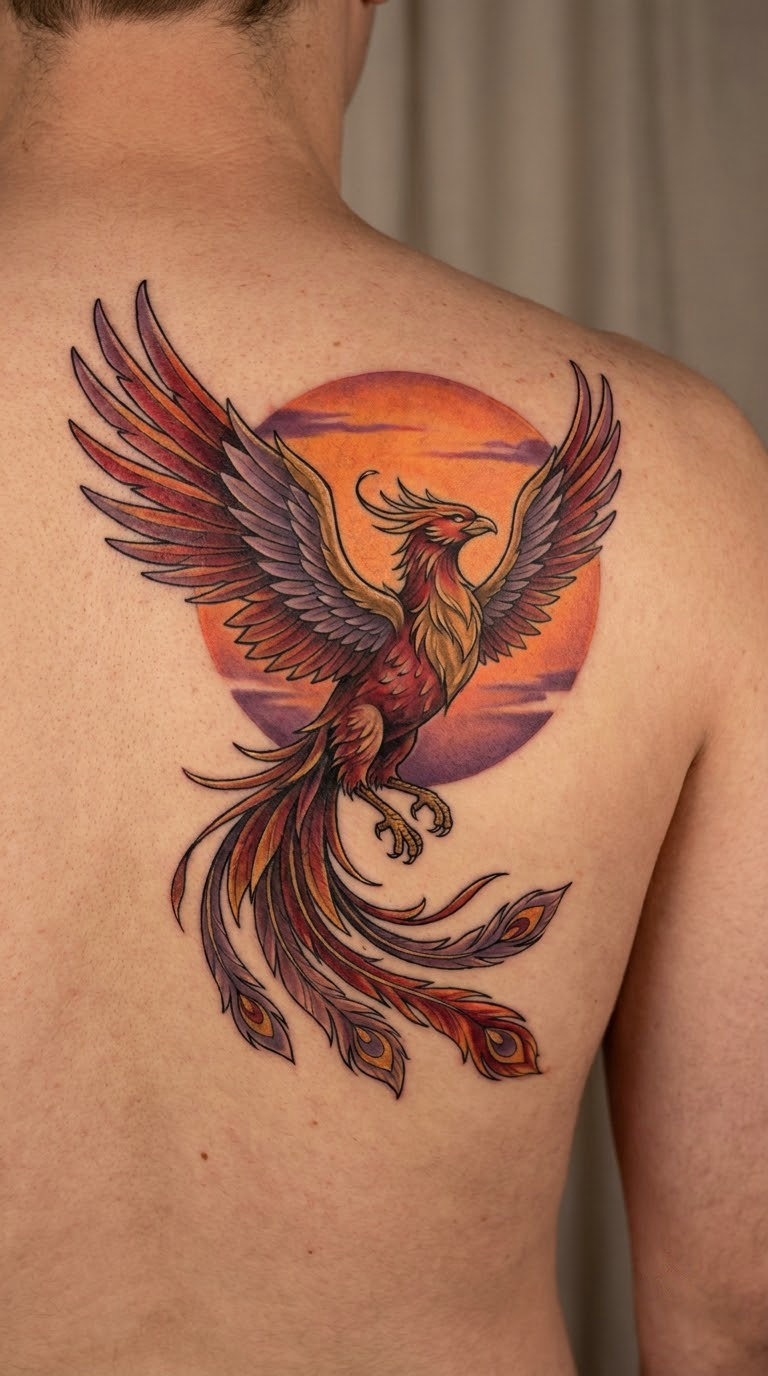 Fiery Phoenix Emerging From a Color Sunset