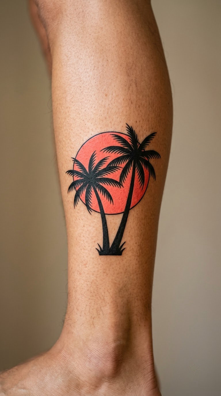 Palm Tree Silhouette Against a Coral Sun