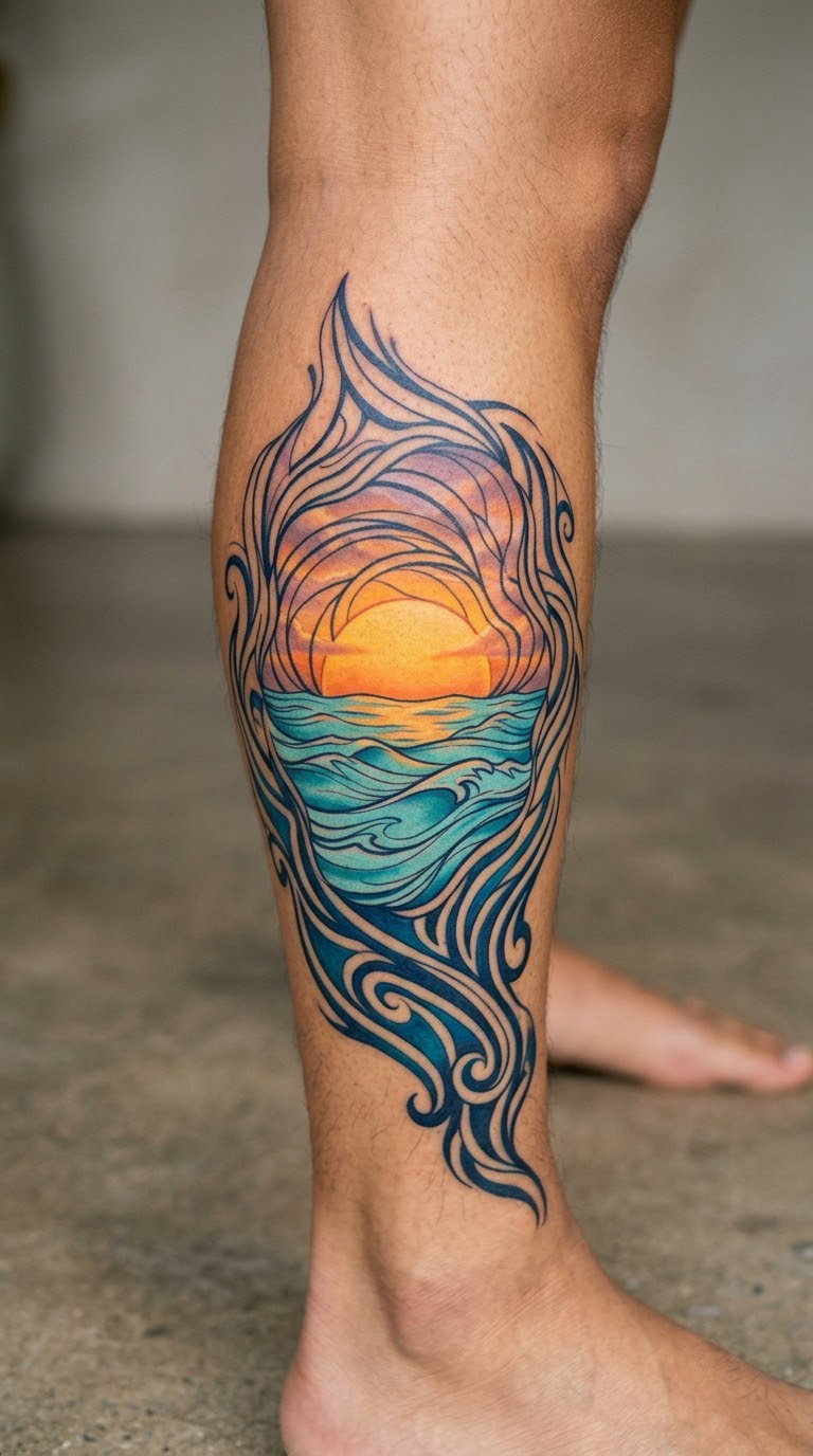 Golden Sun Dipping Into Ocean Waves