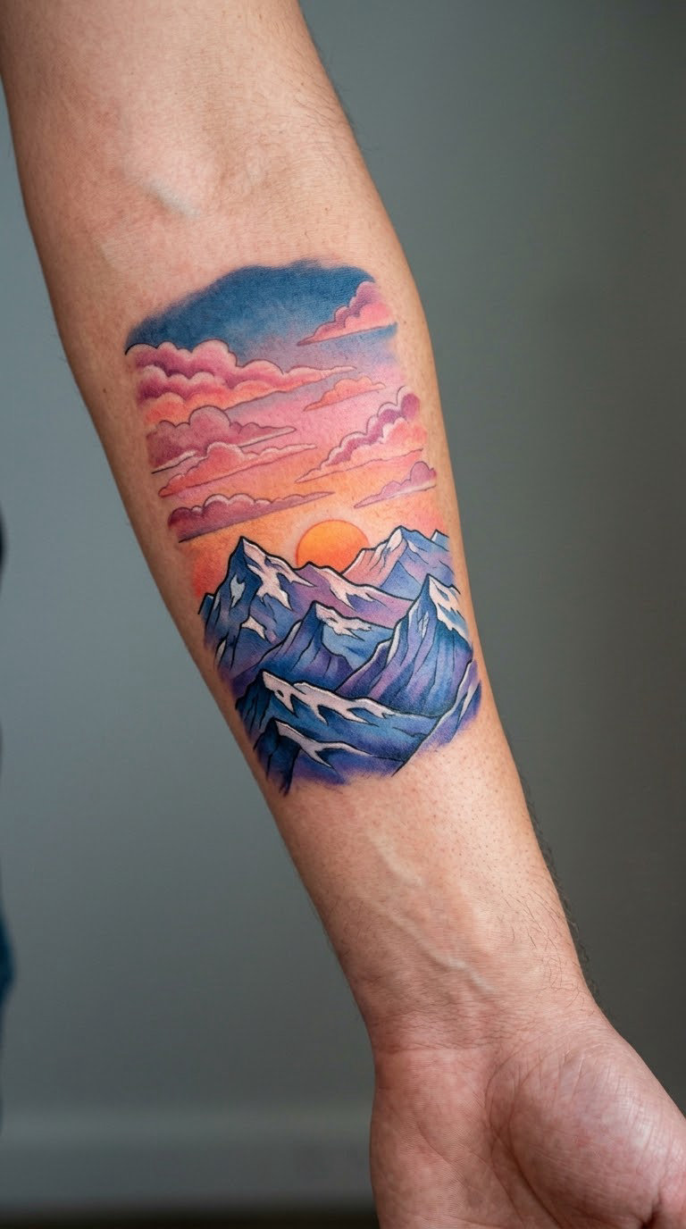 Snow-Capped Mountain Sunset in Layered Color