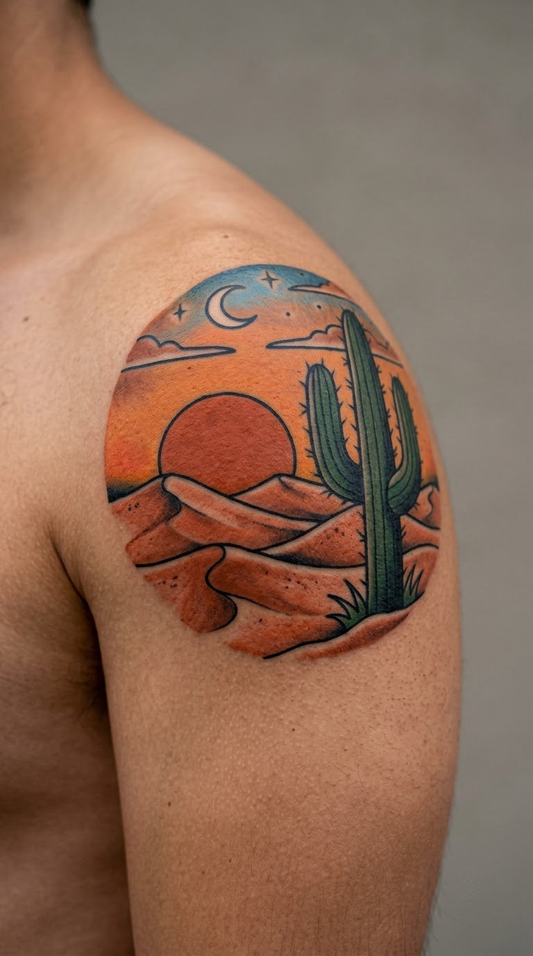 Desert Sunset With Cactus and Sand Curves