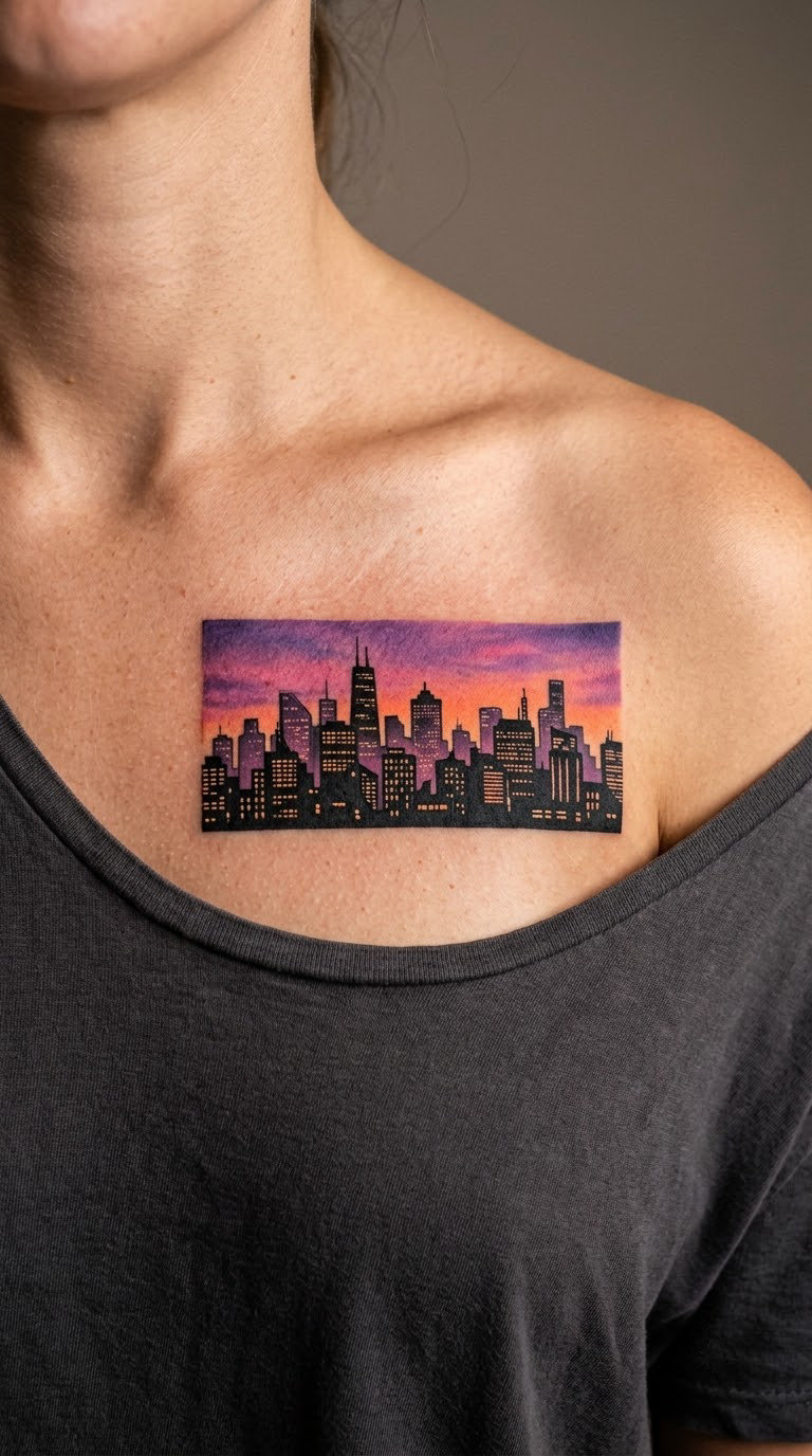 City Skyline Lighting Up at Purple Dusk