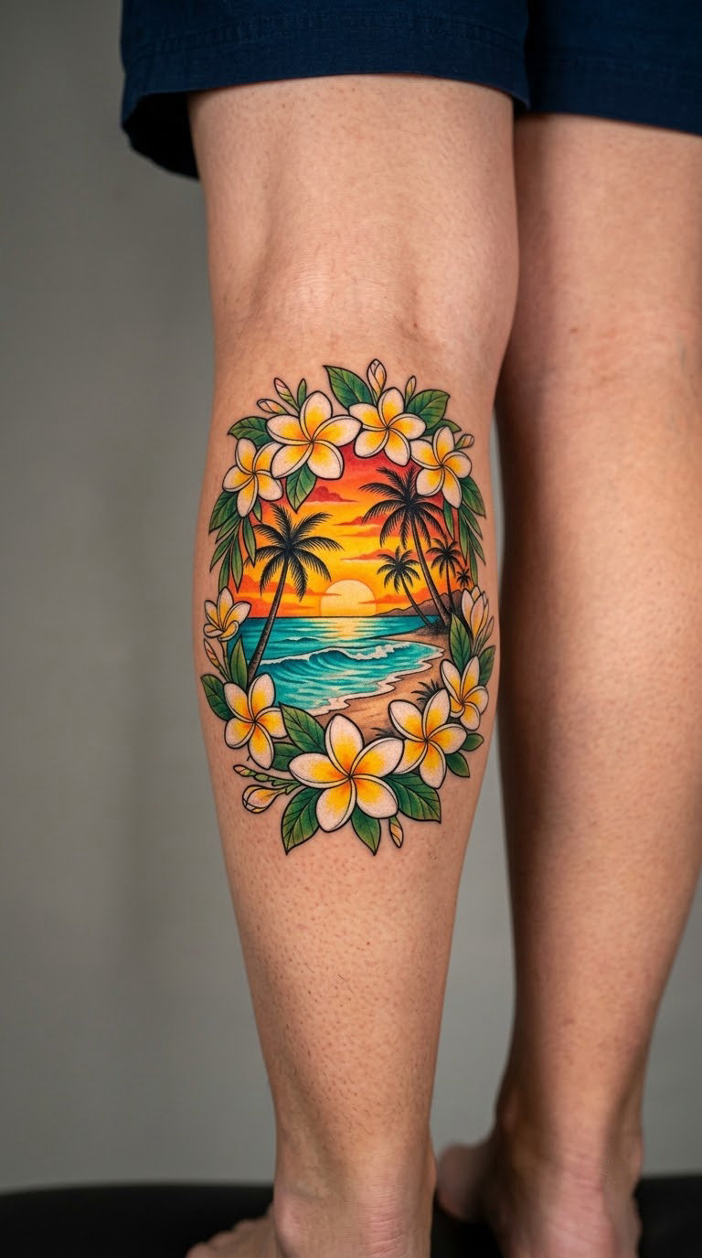 Tropical Beach Sunset With Frangipani