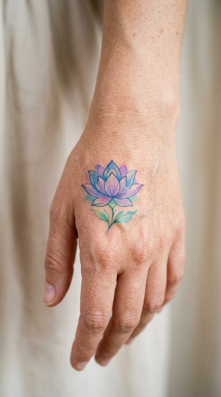Watercolor Lotus on the Back of the Hand