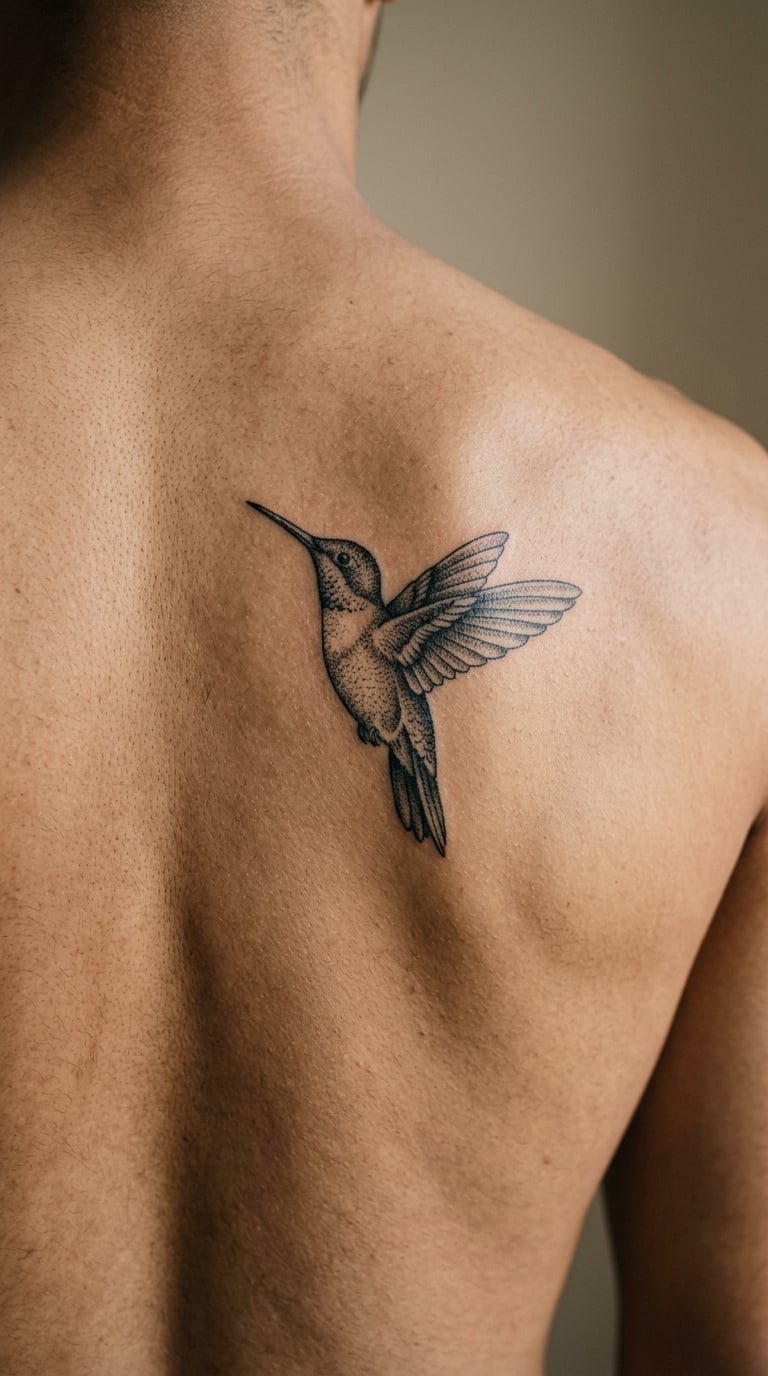 Dotwork Hummingbird on the Shoulder Blade