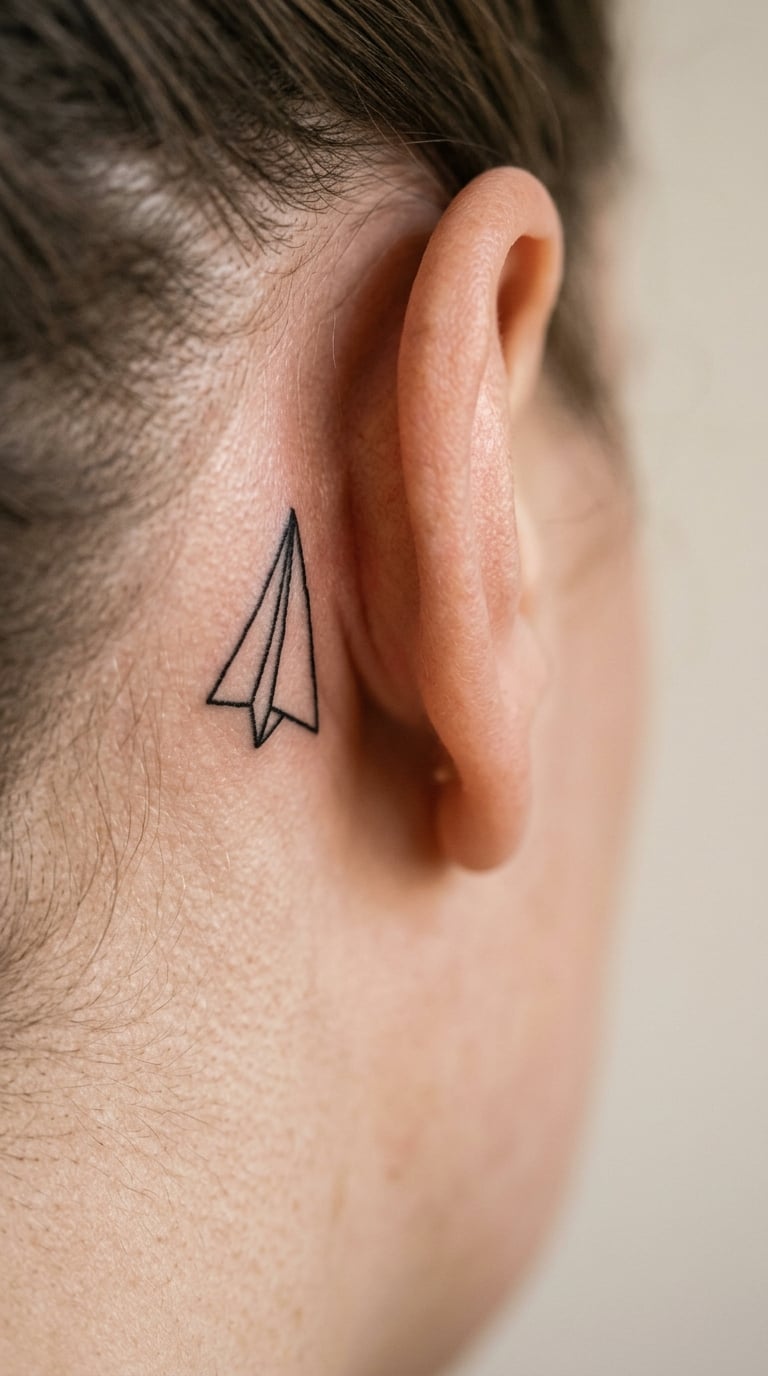 Fine-Line Paper Plane Behind the Ear
