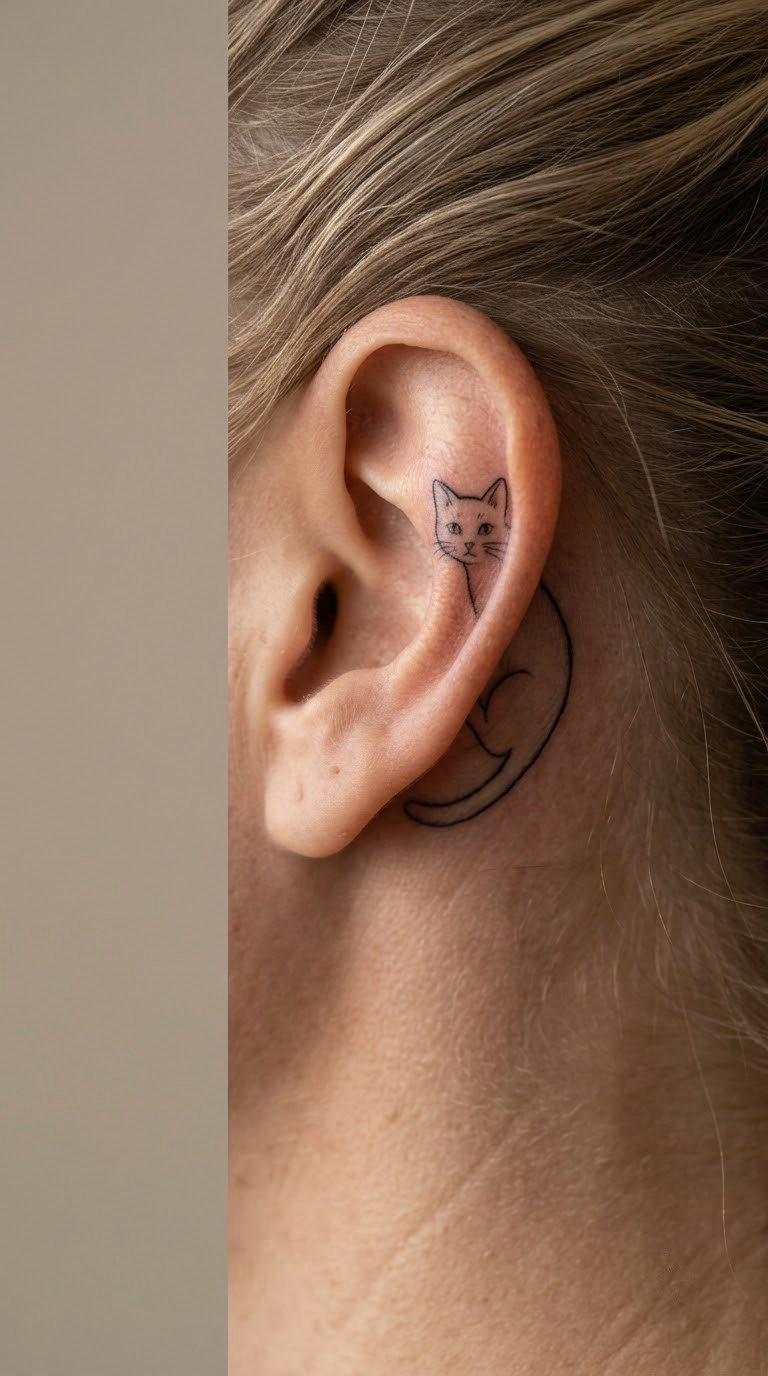 Fine-Line Cat Peeking Behind the Ear