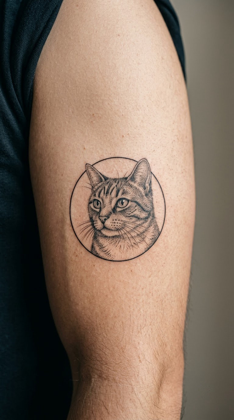 Dotwork Cat in a Circular Frame