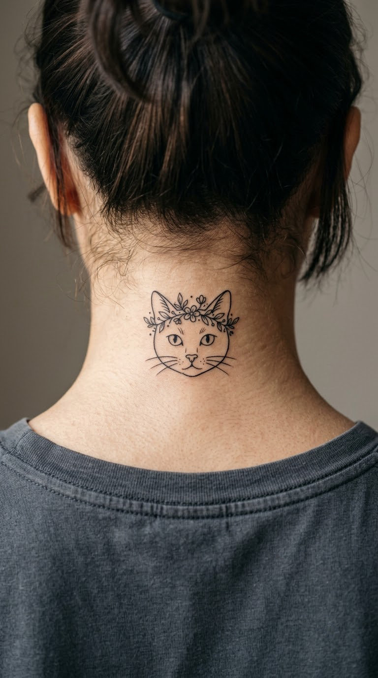 Cat Head with Flower Crown on the Back of the Neck
