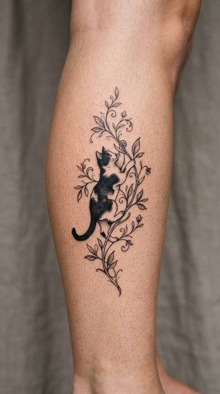 Blackwork Cat Climbing a Vine