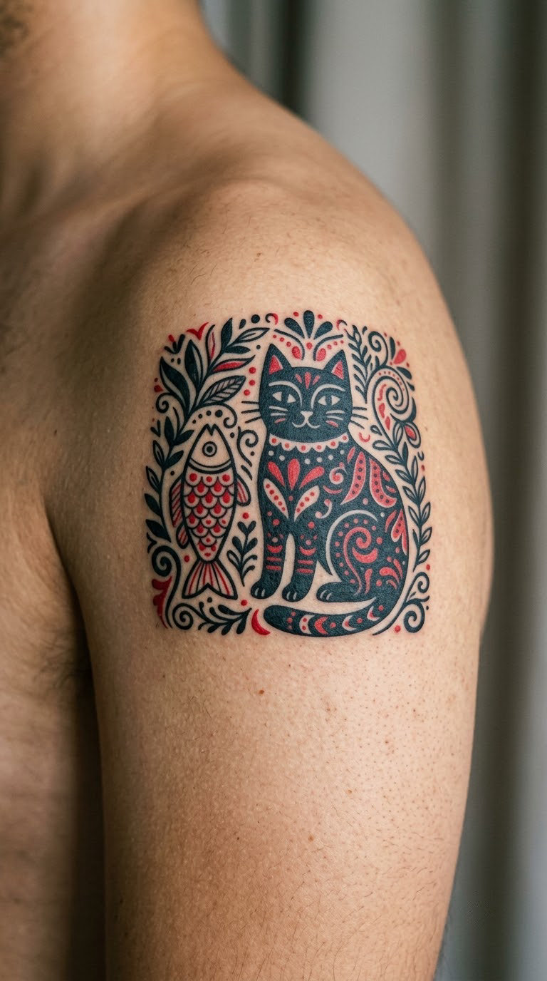 Cat and Fish in a Japanese-Inspired Style