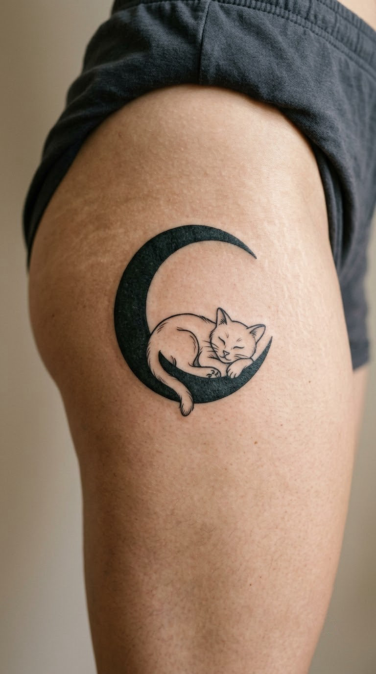 Sleeping Cat in a Crescent Moon on the Hip