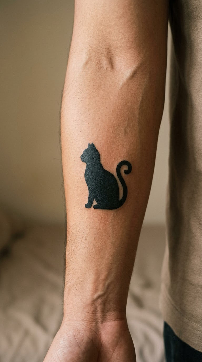 Blackwork Cat Silhouette on the Forearm