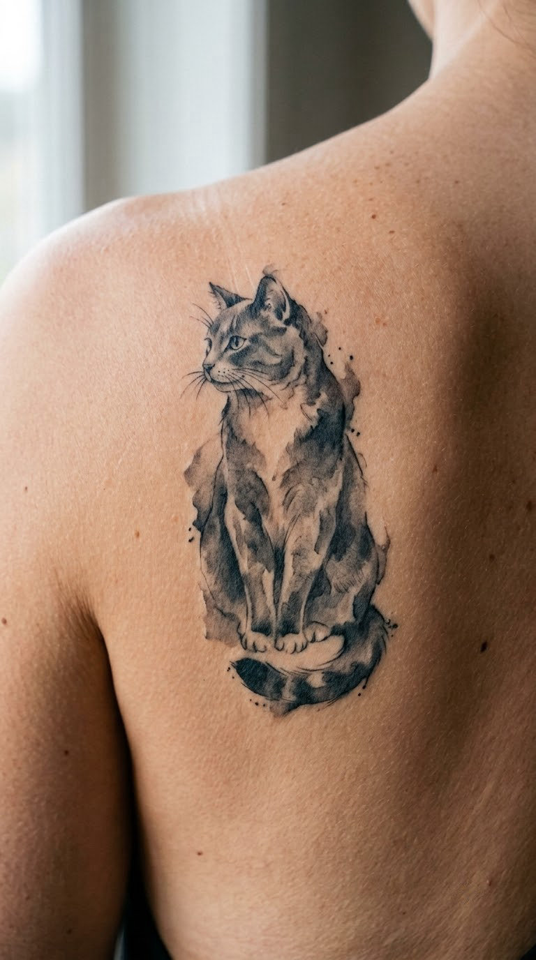 Watercolor Cat Portrait on the Shoulder
