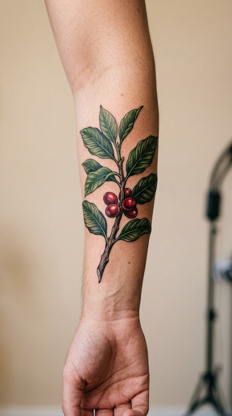 Coffee Plant Branch With Red Cherries