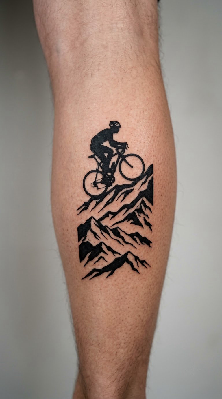 Cyclist and Mountain Silhouette in Blackwork