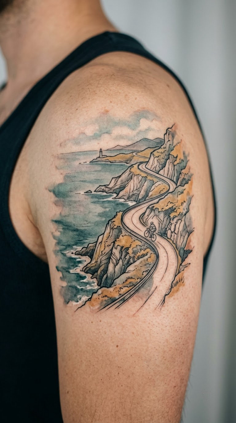 Coastal Cliff Road in Watercolour