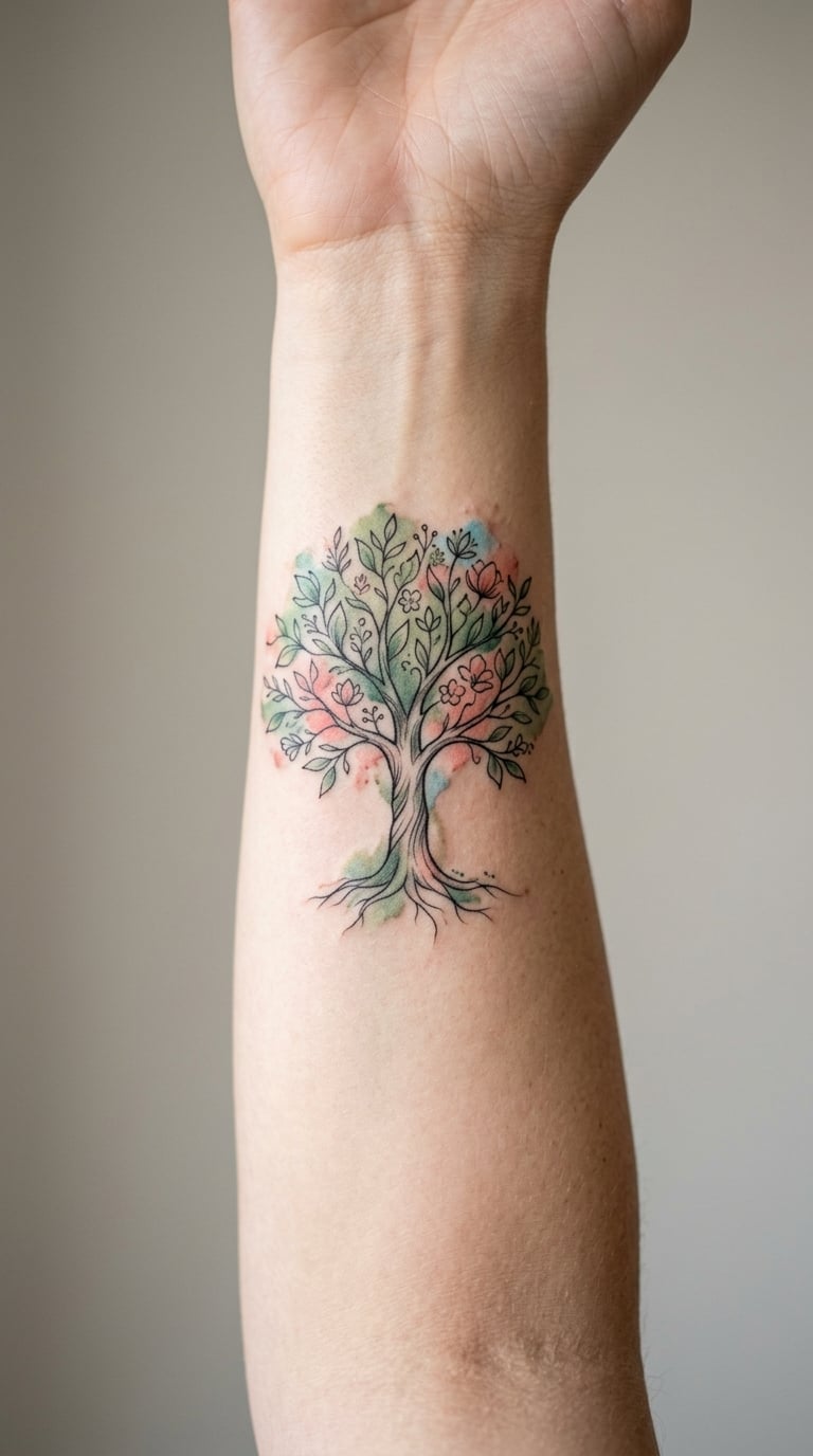 Watercolour Tree of Life on the Back of the Forearm