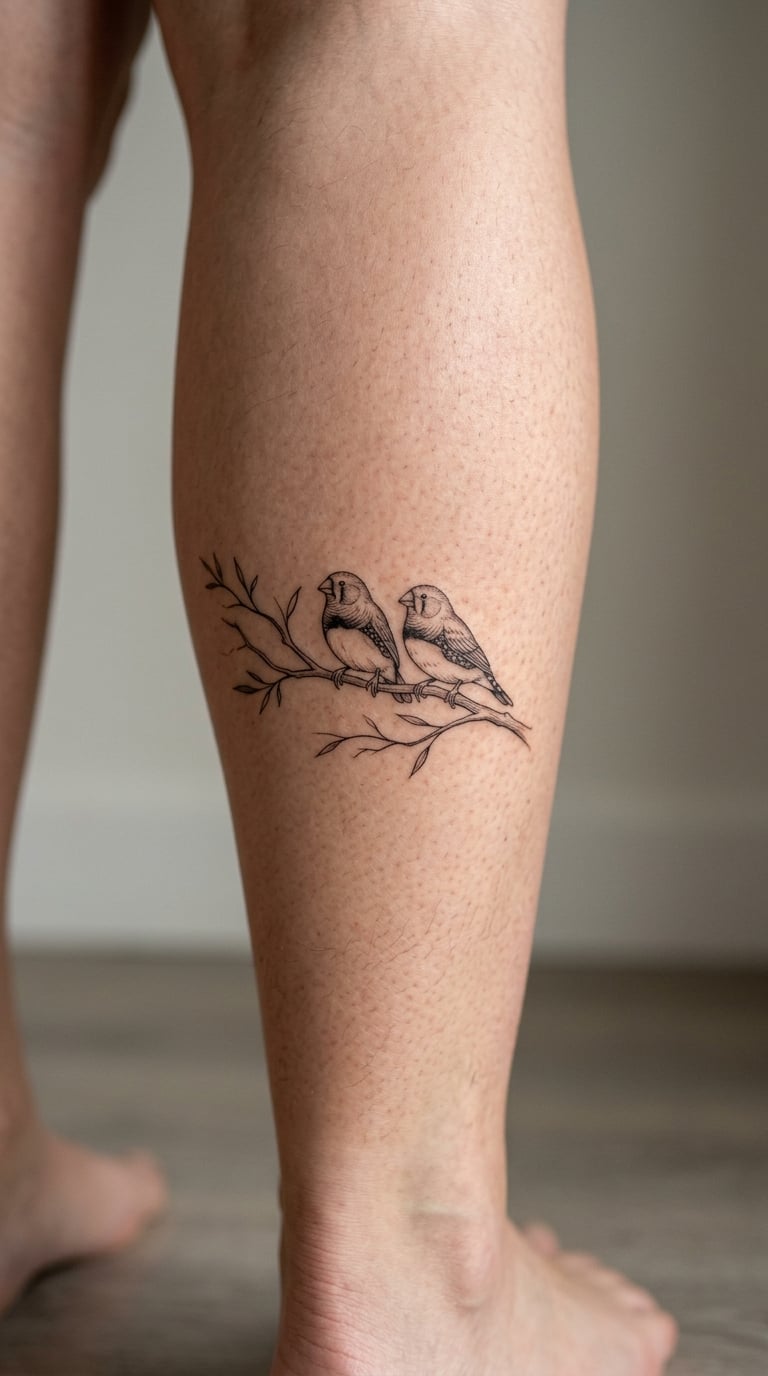 Two Birds on a Bare Branch, Fine Line, on the Calf