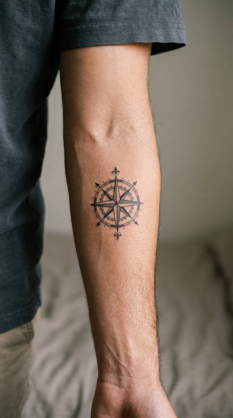Fine-Line Compass Rose on the Outer Forearm