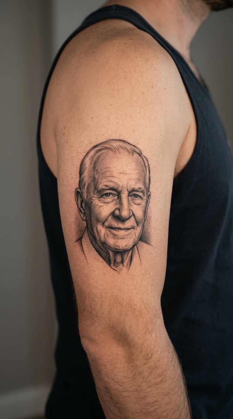 Memorial Portrait in Black and Grey on the Tricep