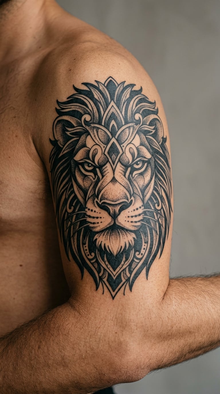 Blackwork Lion Mask on the Outer Upper Arm