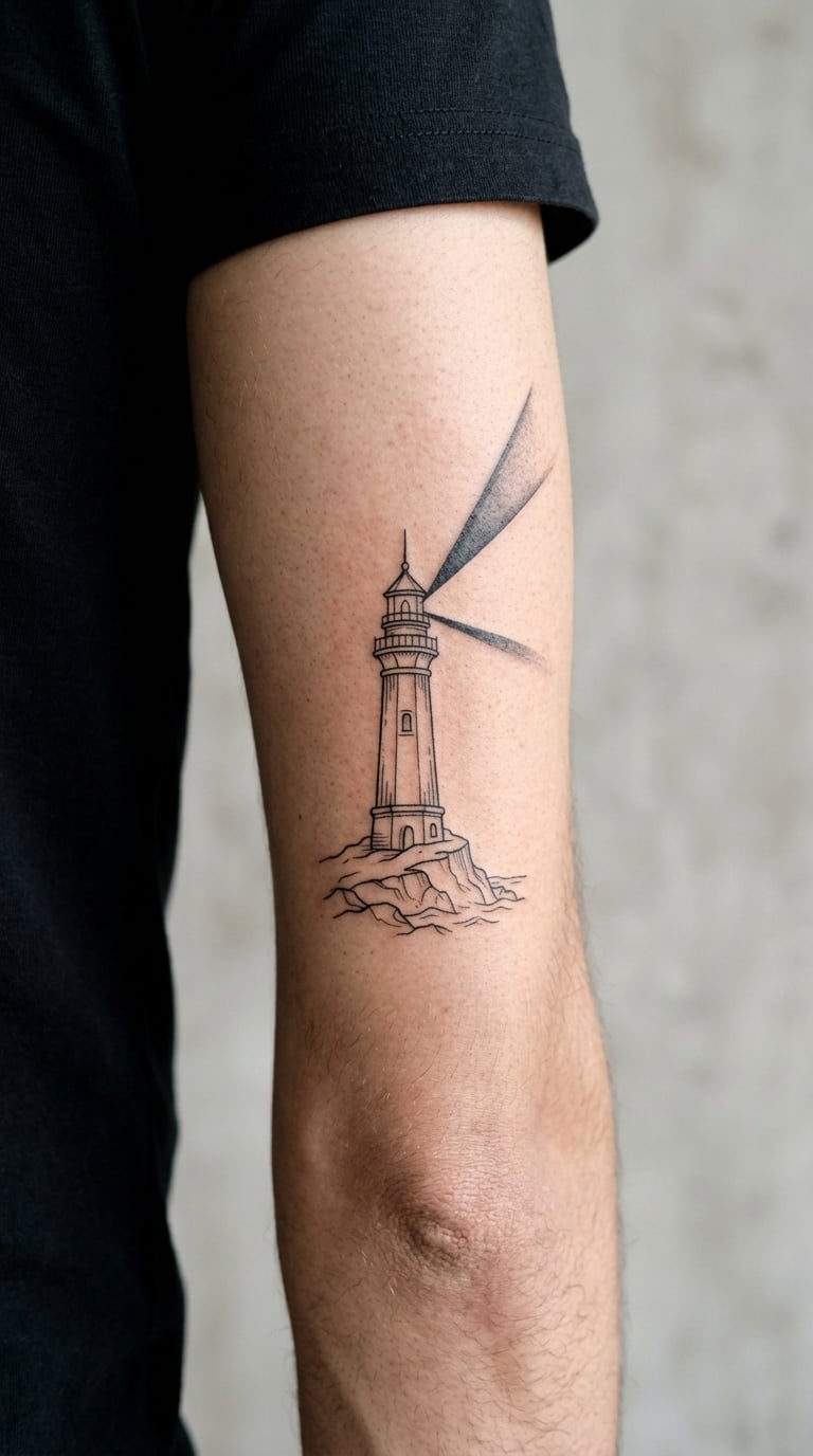 Lighthouse in Line Art on the Outer Forearm