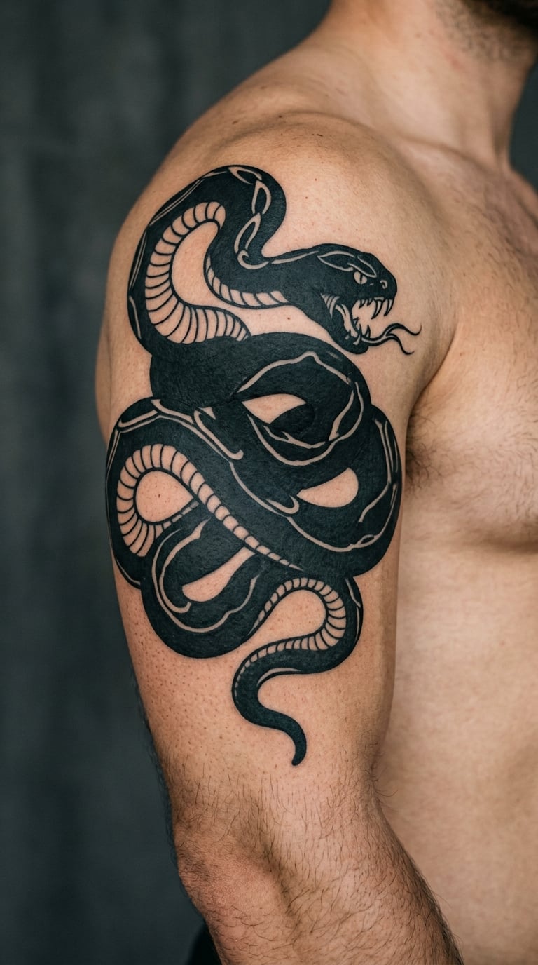 Blackwork Serpent Curled Around the Bicep