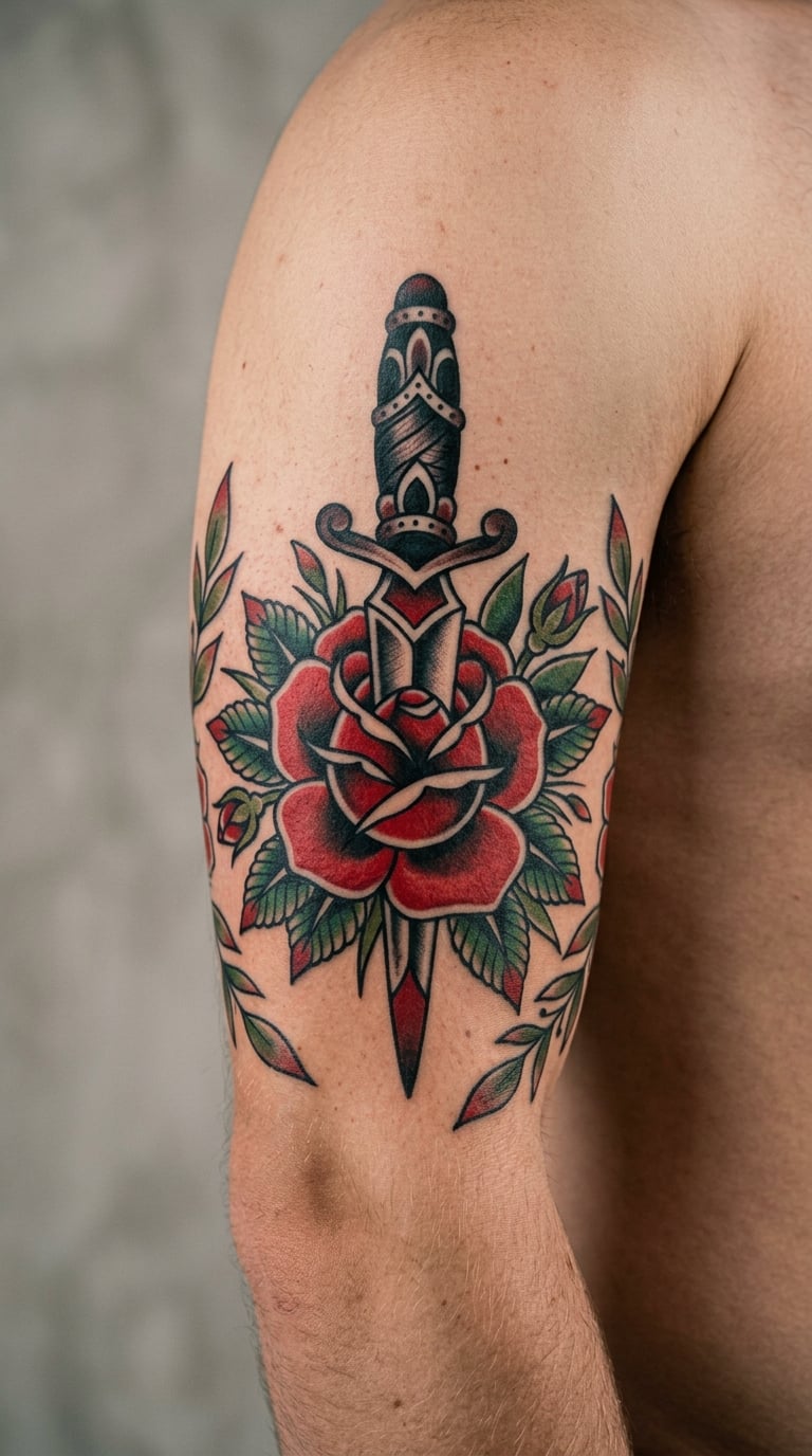 Traditional Rose and Dagger Half-Sleeve