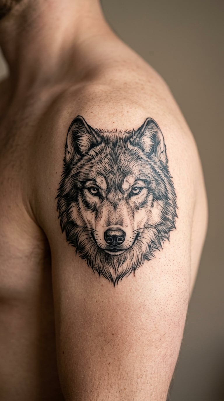 Black-and-Grey Wolf Head on the Deltoid