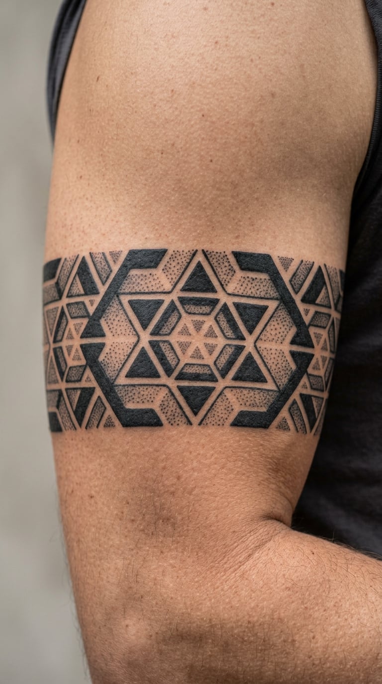 Geometric Blackwork Bands on the Upper Arm