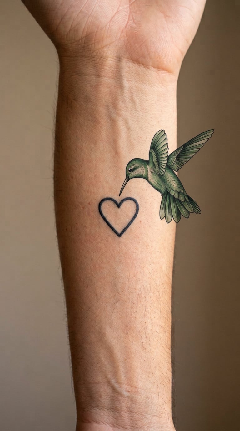 Hummingbird Hovering Over a Tiny Heart