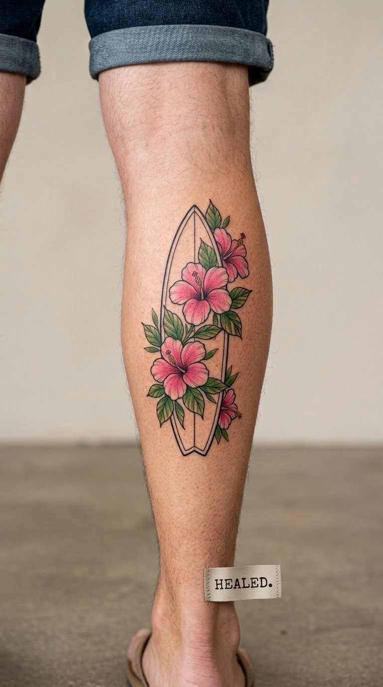Surfboard with Tropical Flowers