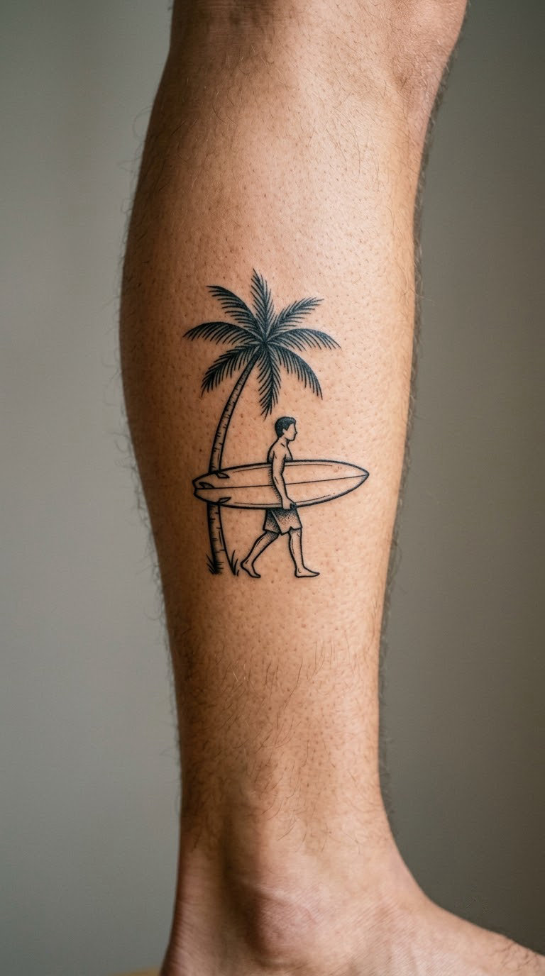 Surfer Silhouette Under a Palm