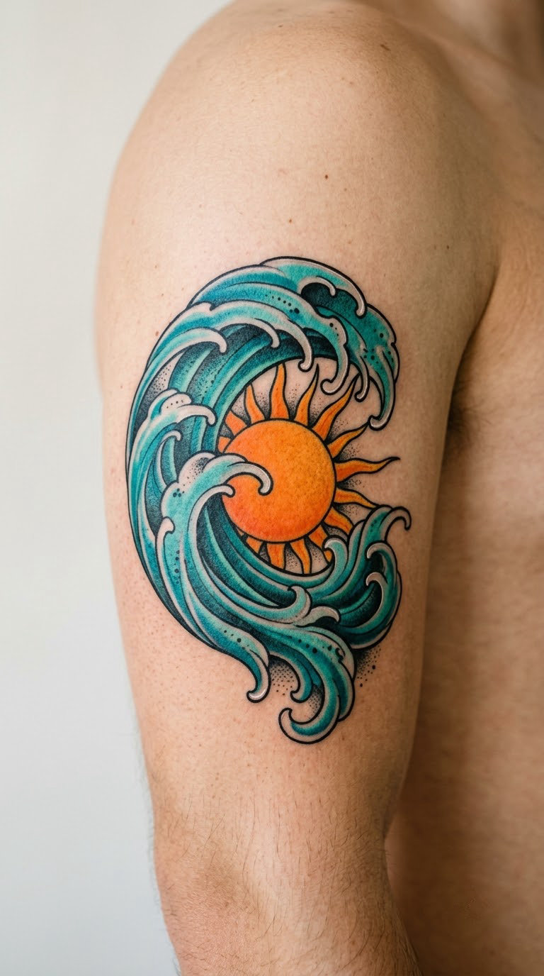 Neo-Traditional Wave and Sun