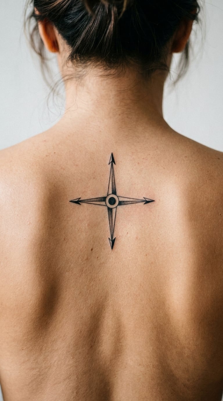 Fine-Line Compass Rose High on the Upper Back