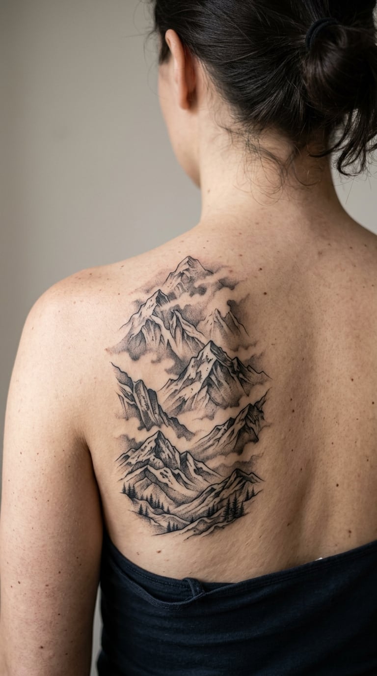 Black-and-Grey Mountain Range Across the Shoulder Blade