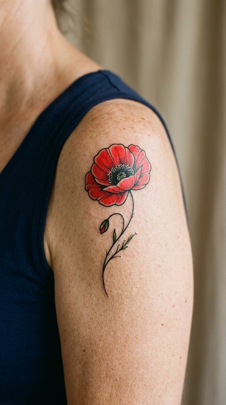 Bold Red Poppy on the Shoulder Cap