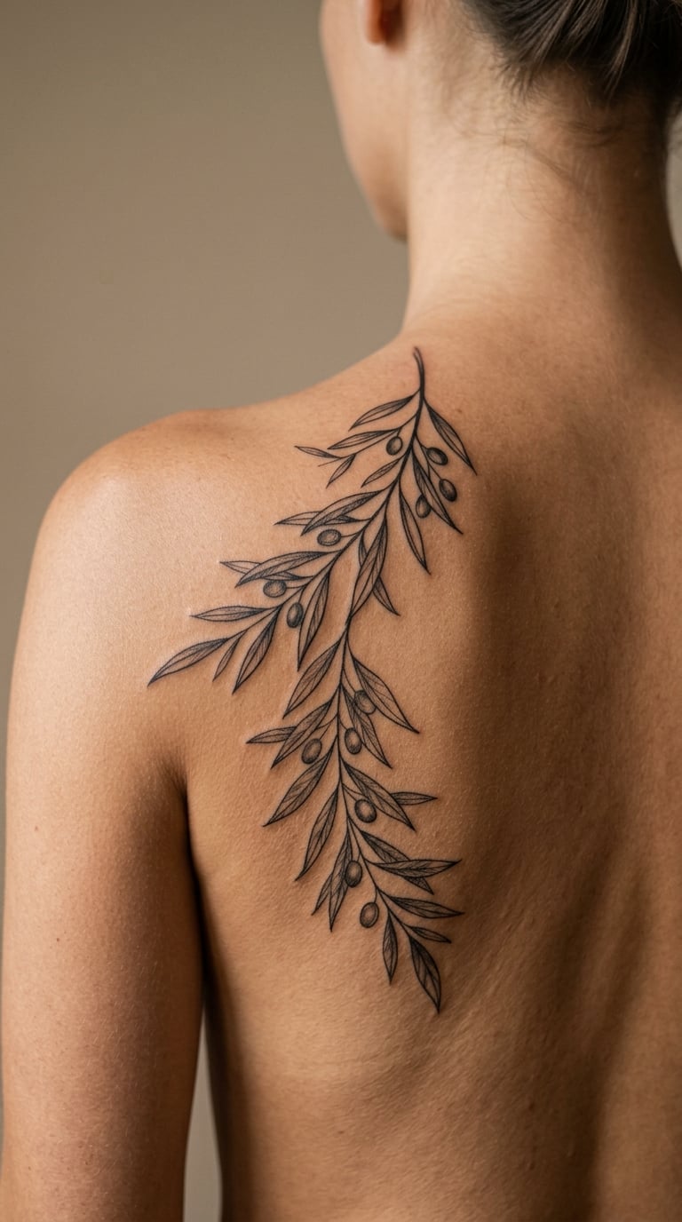 Fine-Line Olive Branch on the Back of the Shoulder
