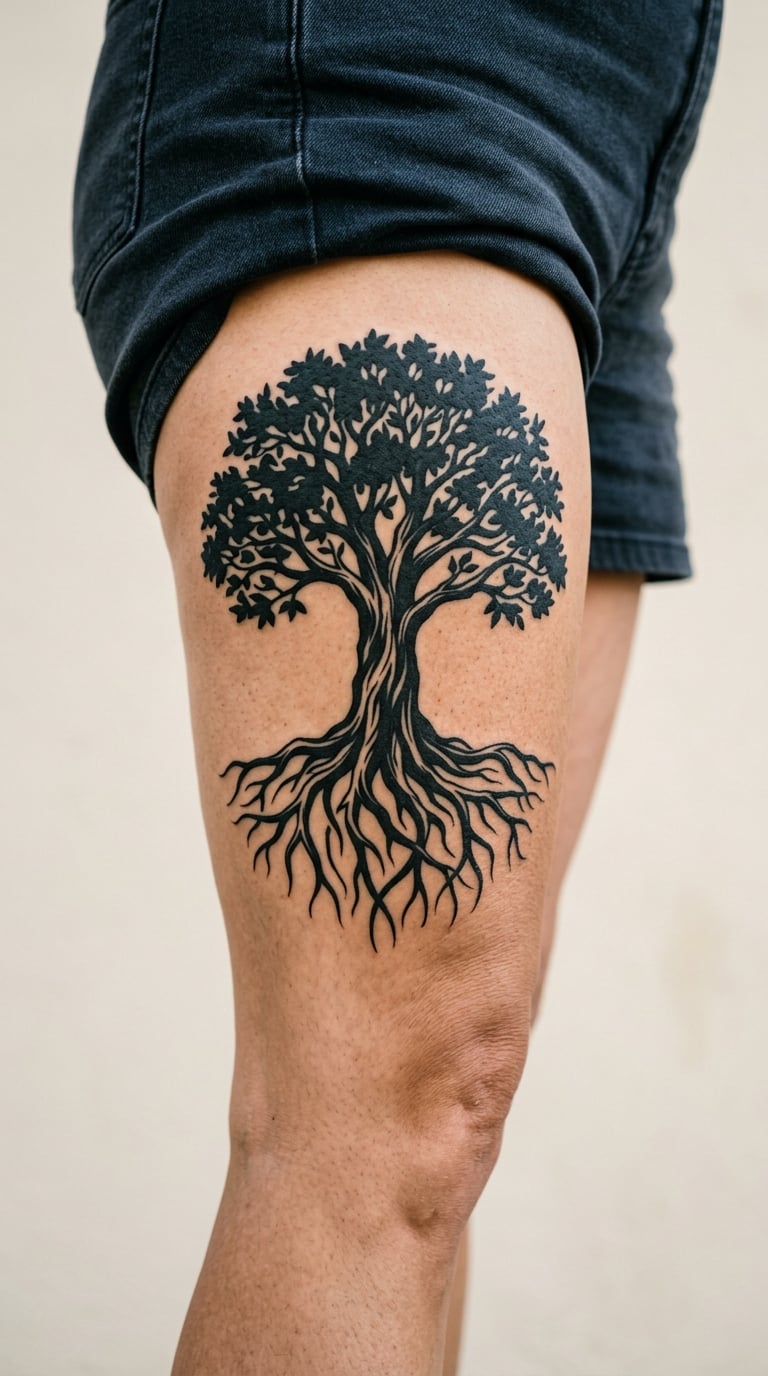 Blackwork Tree of Life on the Outer Thigh