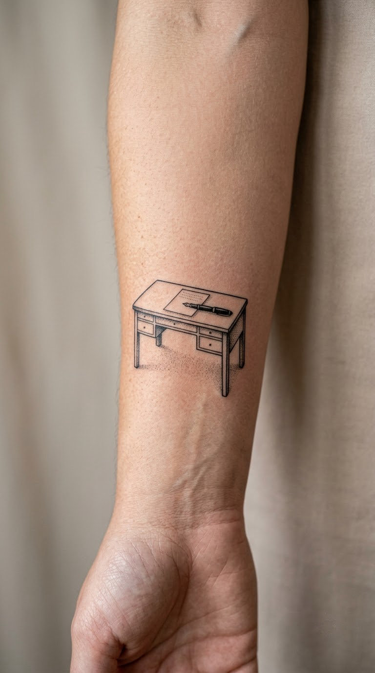 Miniature Desk with Paper and Pen