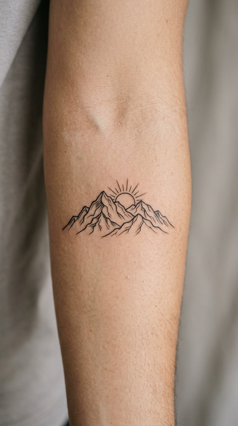 Fine-Line Mountain Range With a Rising Sun