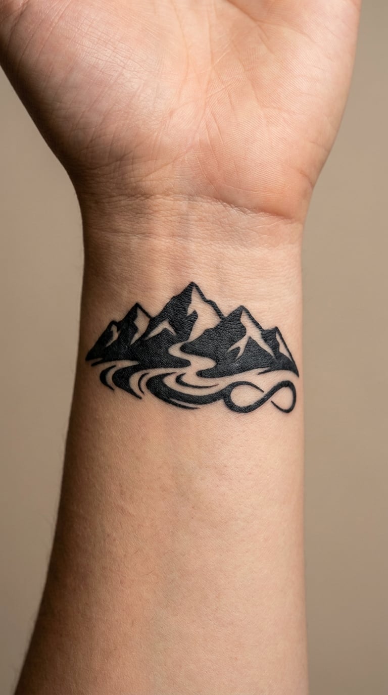 Blackwork Mountain and River Infinity Symbol