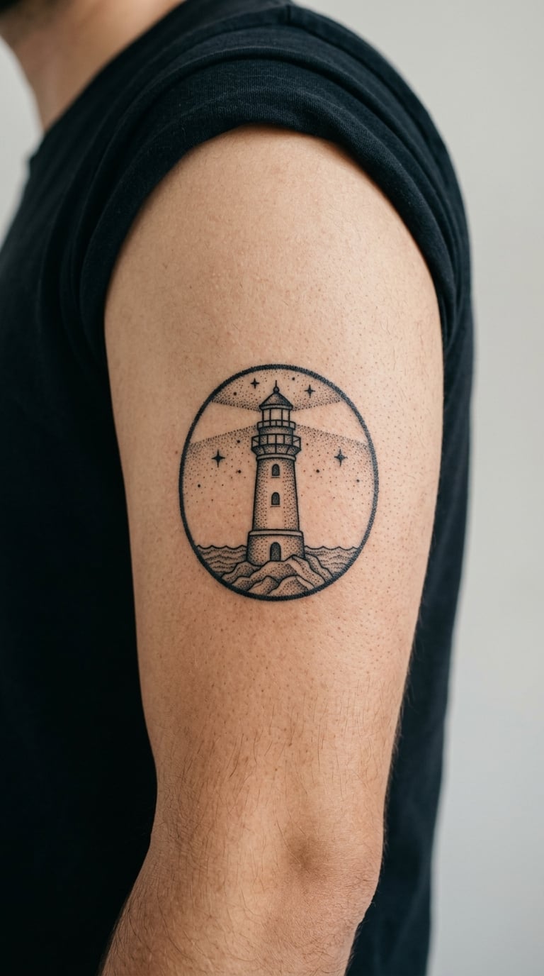 Dotwork Lighthouse in a Circle