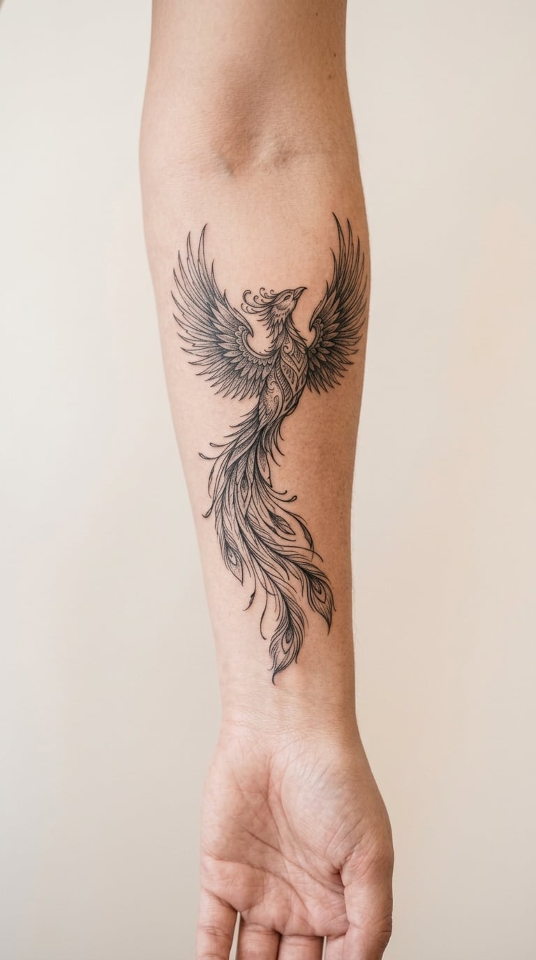 Fine-Line Phoenix Rising on the Forearm