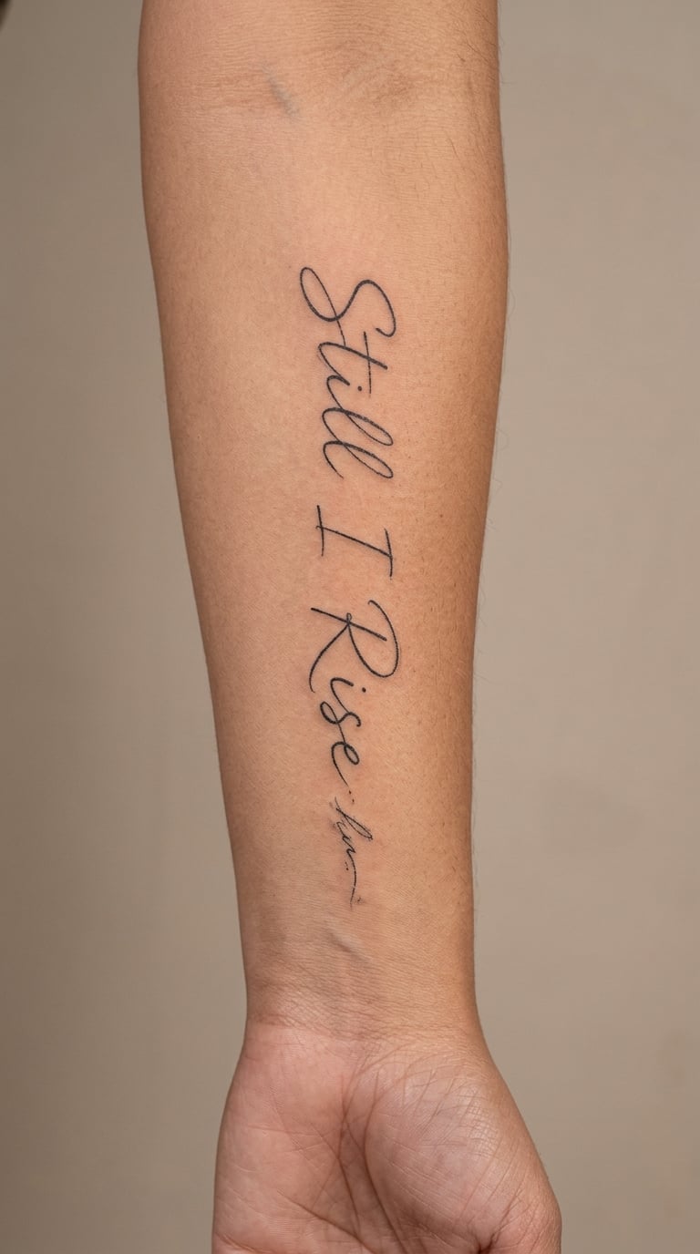 Vertical Script Still I Rise on the Inner Forearm