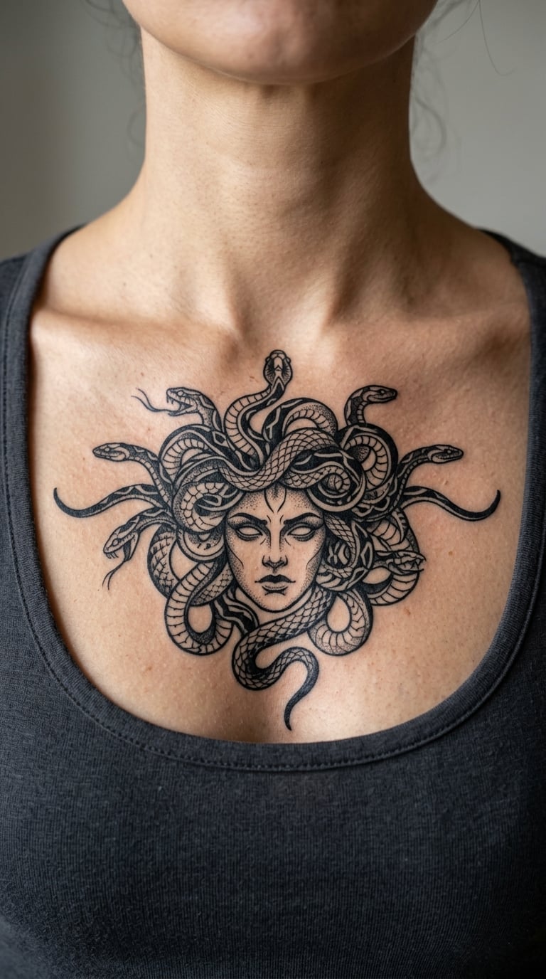 Medusa in Blackwork on the Sternum
