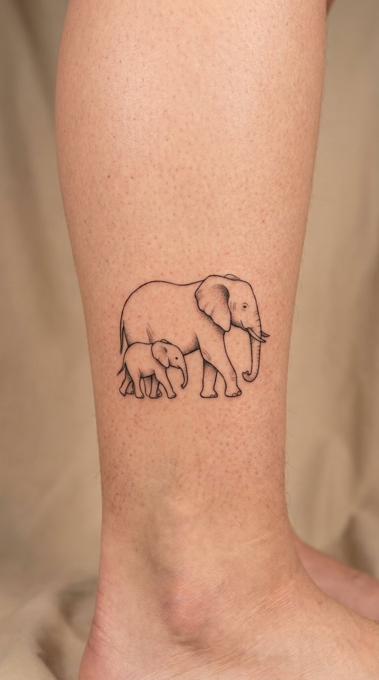 Elephant and Calf Line Art