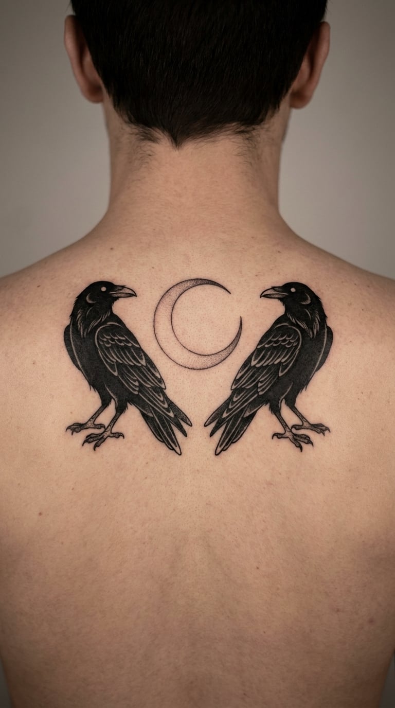 Pair of Ravens Facing a Small Moon